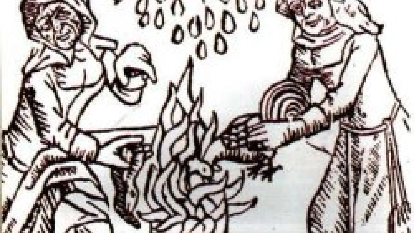 Black and white drawn image of women performing witchcraft
