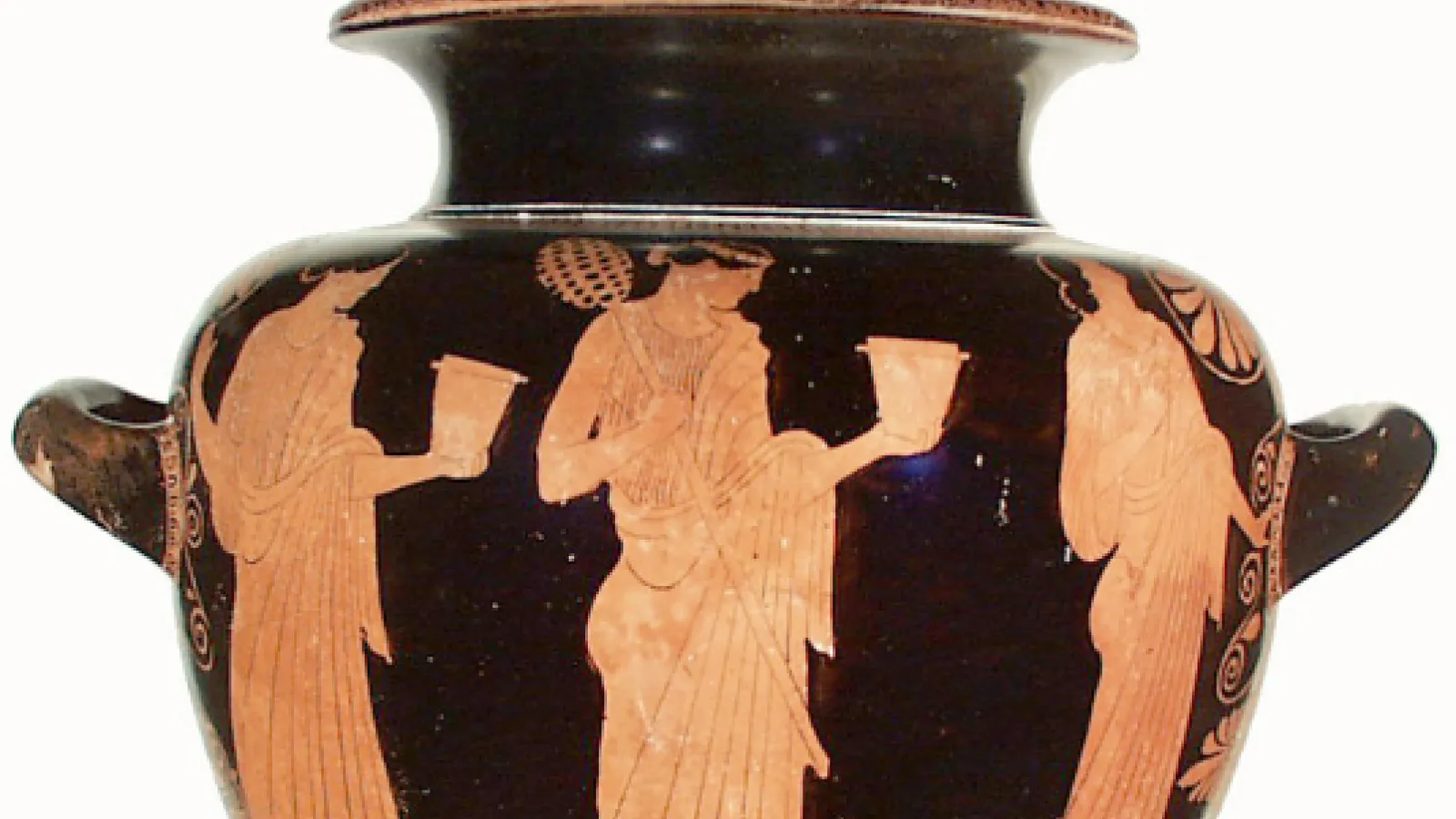 The illustration shows a detail from a pelike attributed to the Villa Guilia painter, about 450 BCE, now in the Getty Center (77.AE.12.2)  