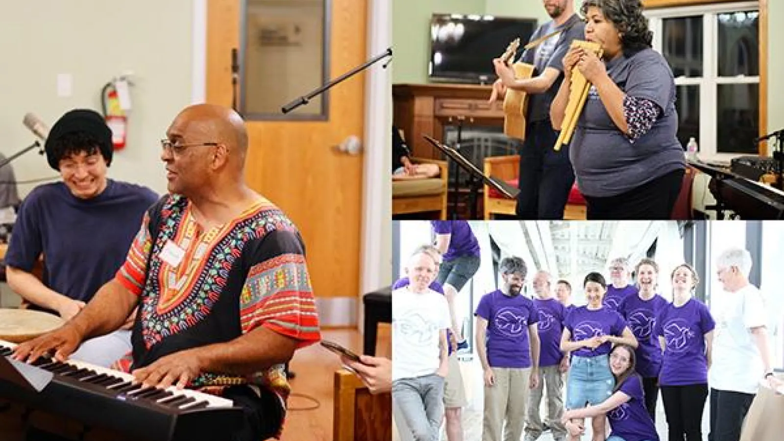 A collage of people playing instruments