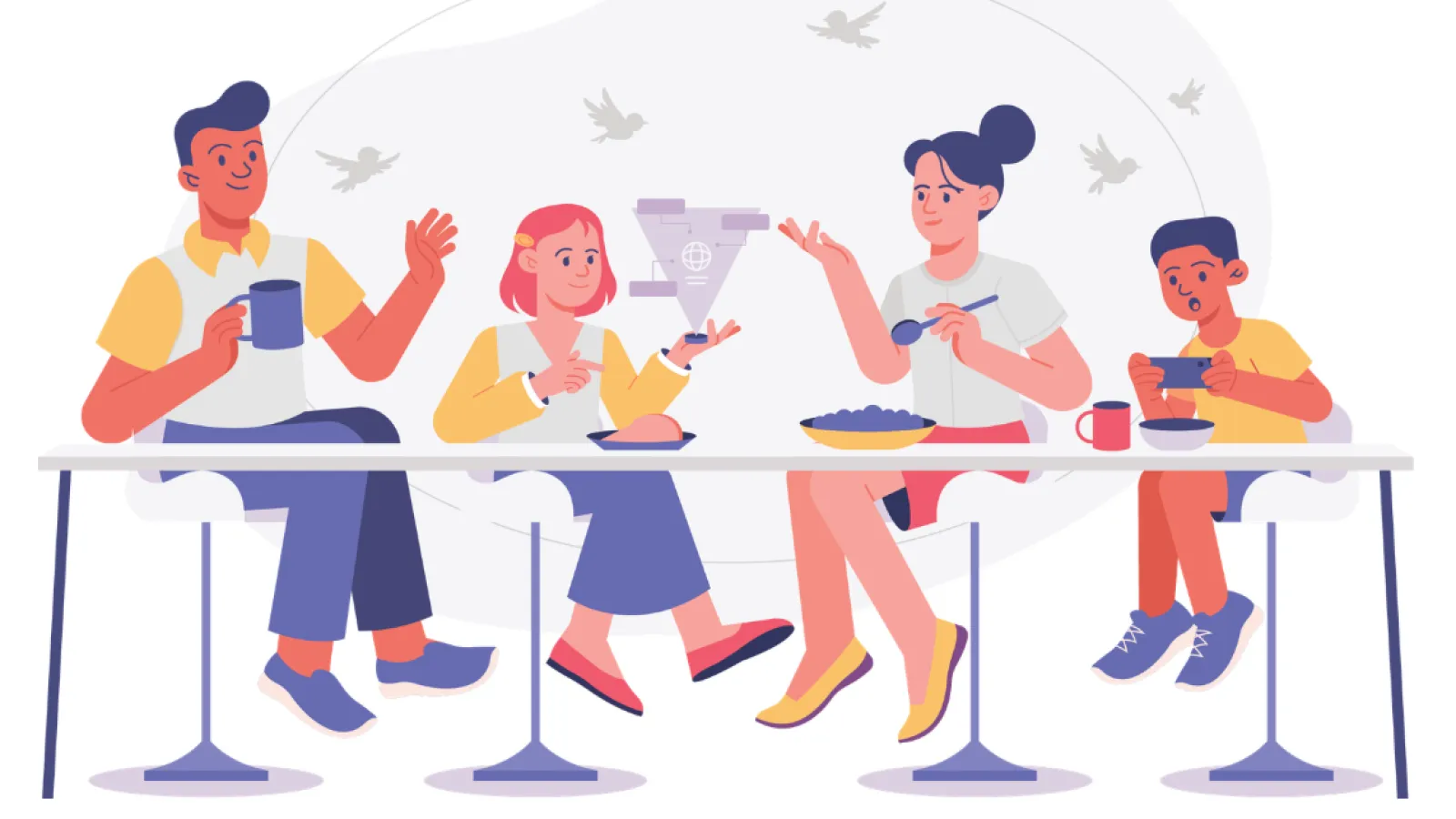 a graphic drawing of Cartoon people having lunch at a counter