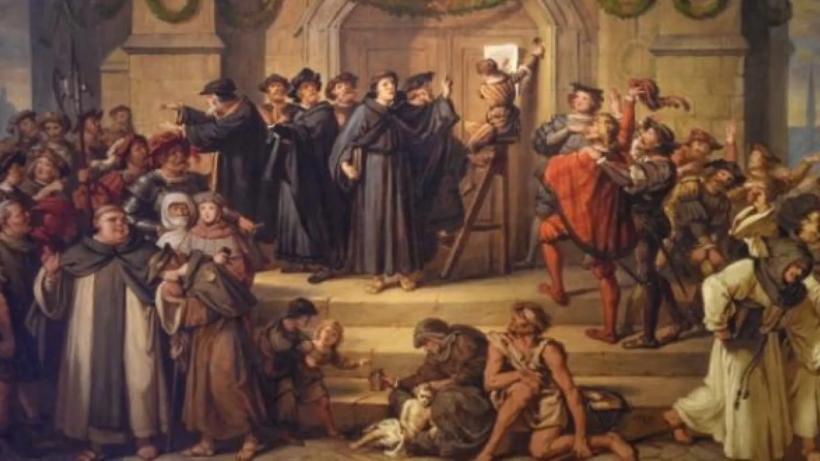 Color image of Martin Luther amidst a crowd of people nailing the 95 Theses to the door of the church