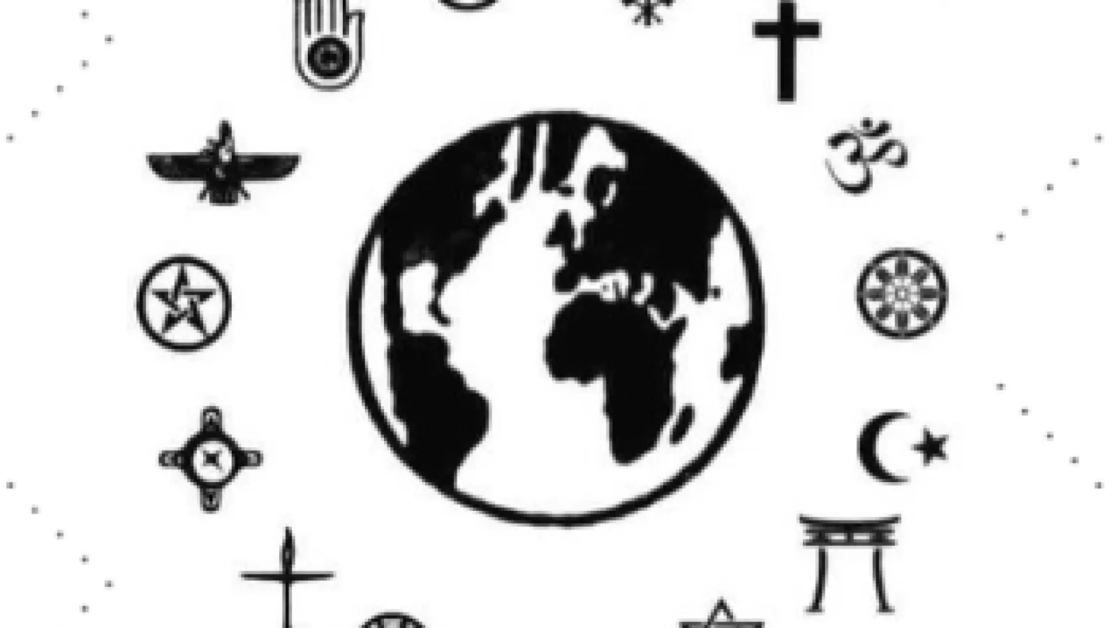 Black and White Image of a Globe Encircled by Religious Symbology