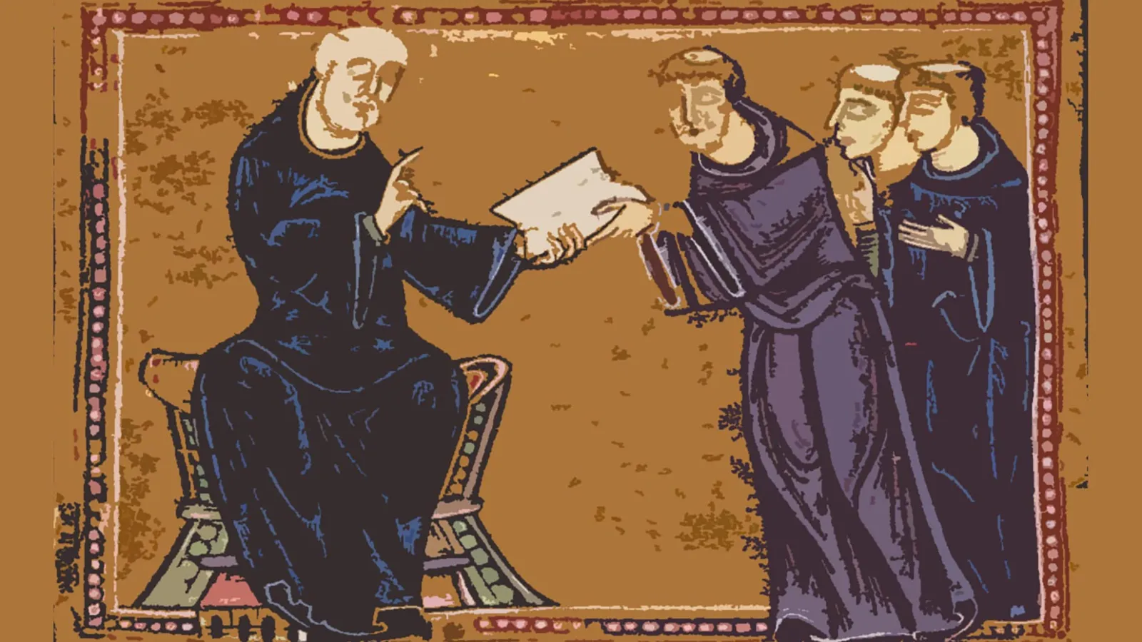 Color image of medieval monk's reading an ancient text