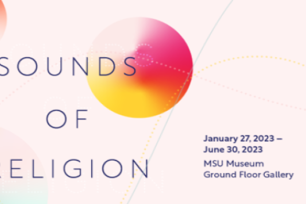 Sounds of Religion with a circle with pink and yellow behind the words