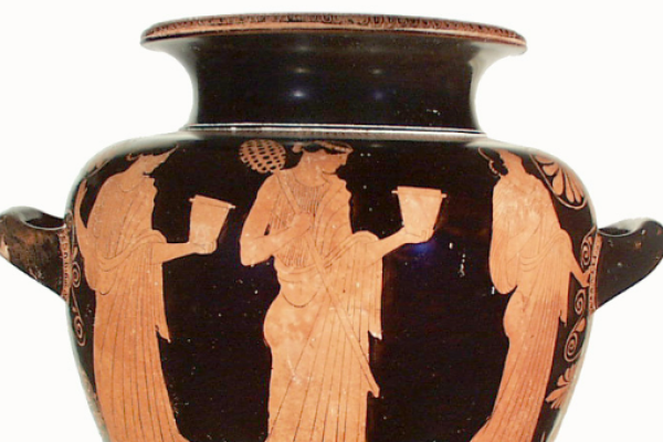 The illustration shows a detail from a pelike attributed to the Villa Guilia painter, about 450 BCE, now in the Getty Center (77.AE.12.2)
