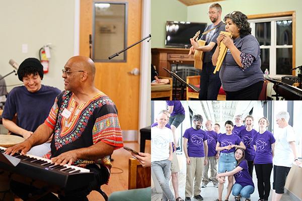 A collage of people playing instruments