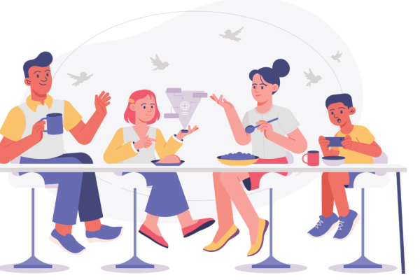 a graphic drawing of Cartoon people having lunch at a counter