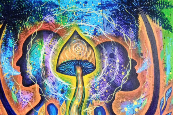 A painting of a mushroom surrounded by two sillhouettes of faces