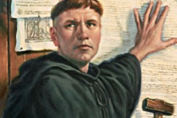 Color image of Martin Luther Nailing the 95 Theses to the door of the church