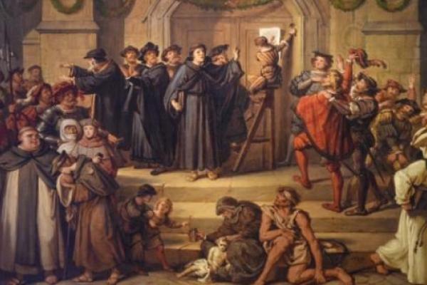 Color image of Martin Luther amidst a crowd of people nailing the 95 Theses to the door of the church